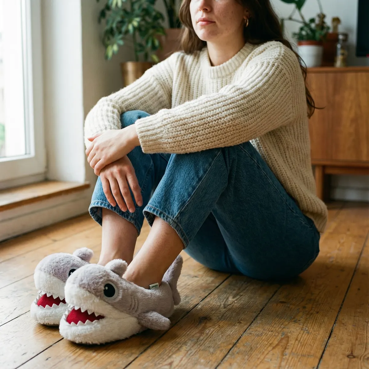 Model wearing the shark slippers in a bright living room, made with Studio Zero Fashion mode